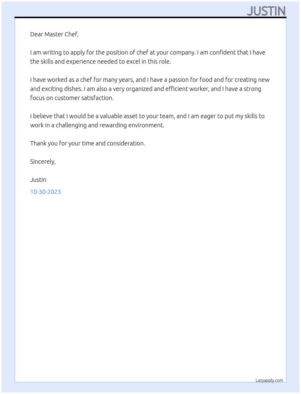 chef At Master Chef Cover Letter