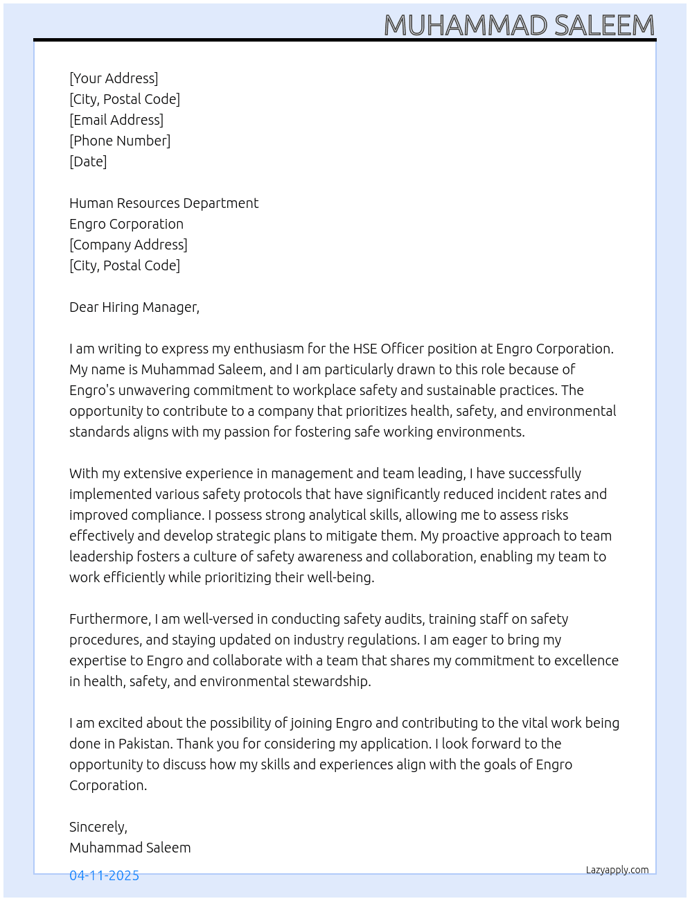 HSE OFFICER At Engro Cover Letter