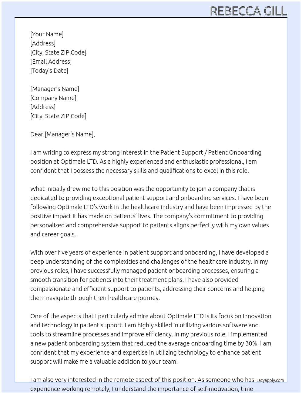 Patient support / patient onboarding At Optimale LTD Cover Letter