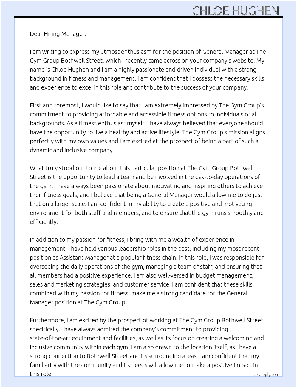 General manager  At The gym group  Cover Letter