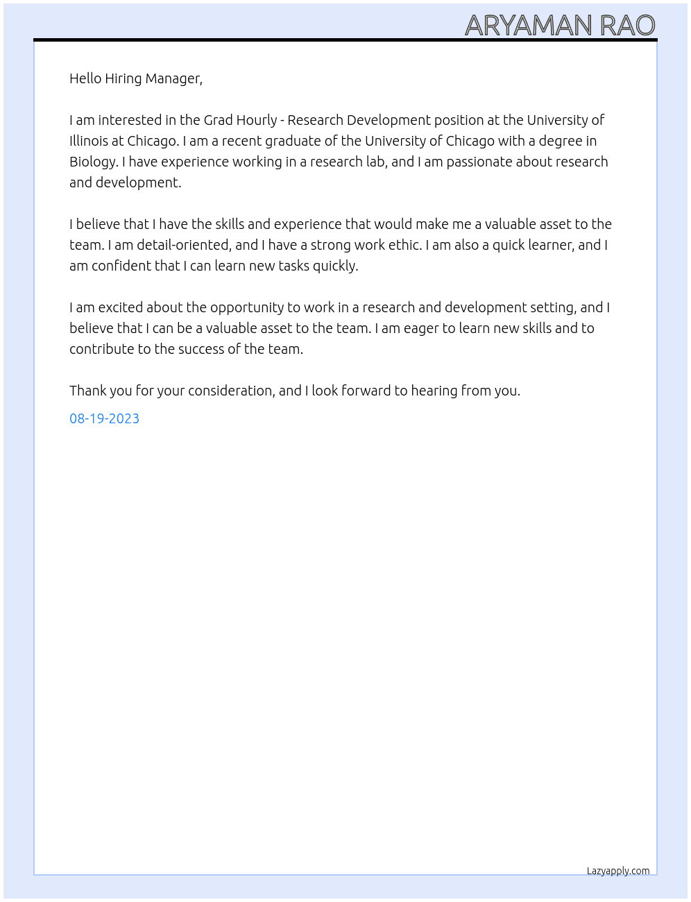 Grad Hourly - Research Development At university of illinois at chicago Cover Letter