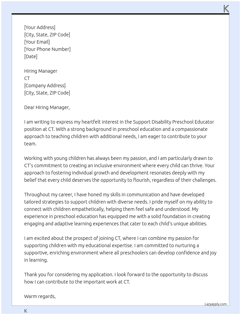 support disability preschool educator At ct Cover Letter