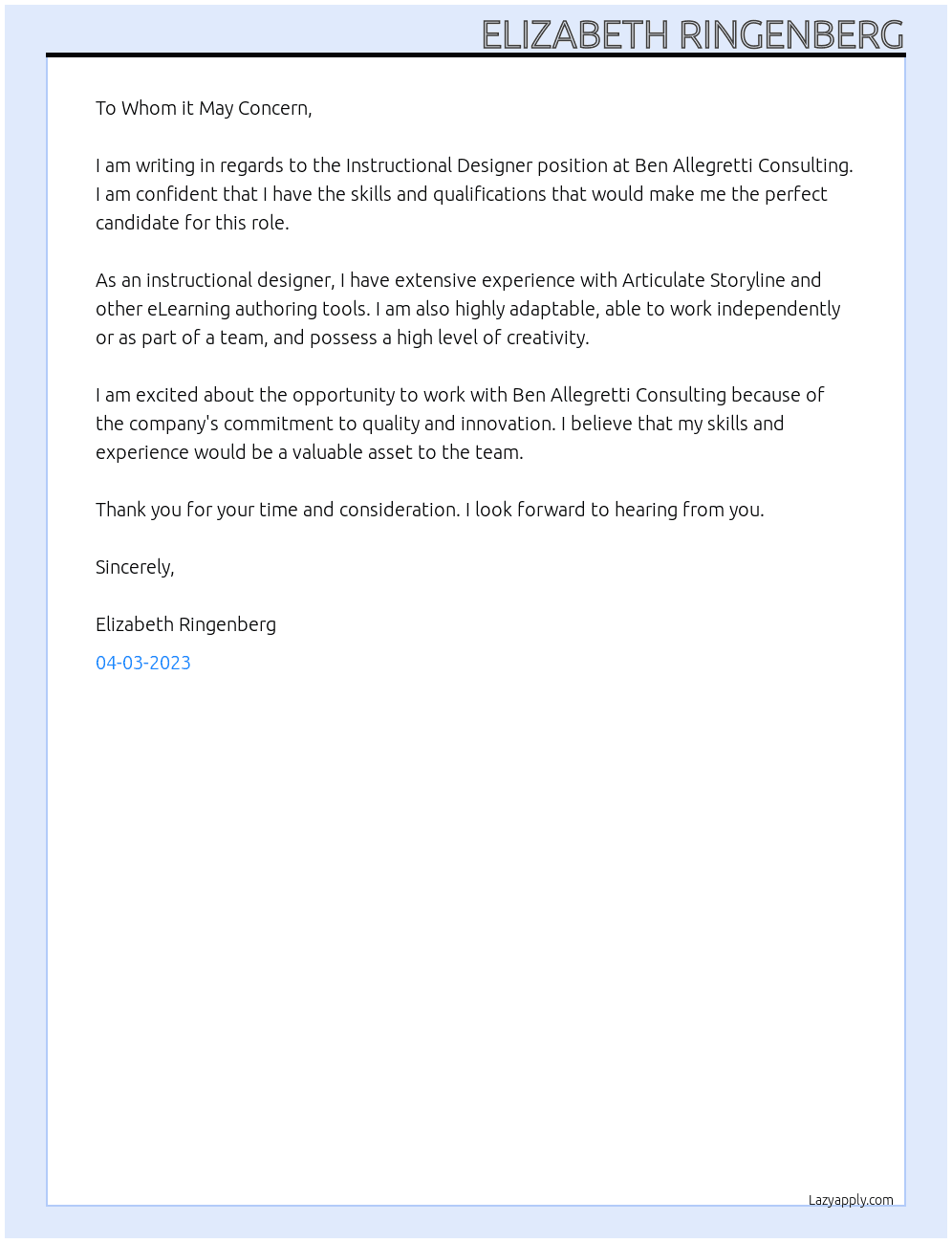 Instructional Designer At Ben Allegretti Consulting  Cover Letter
