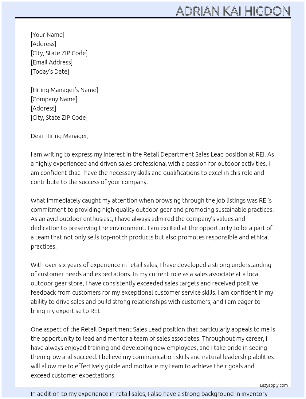 Retail Department Sales Lead At REI Cover Letter