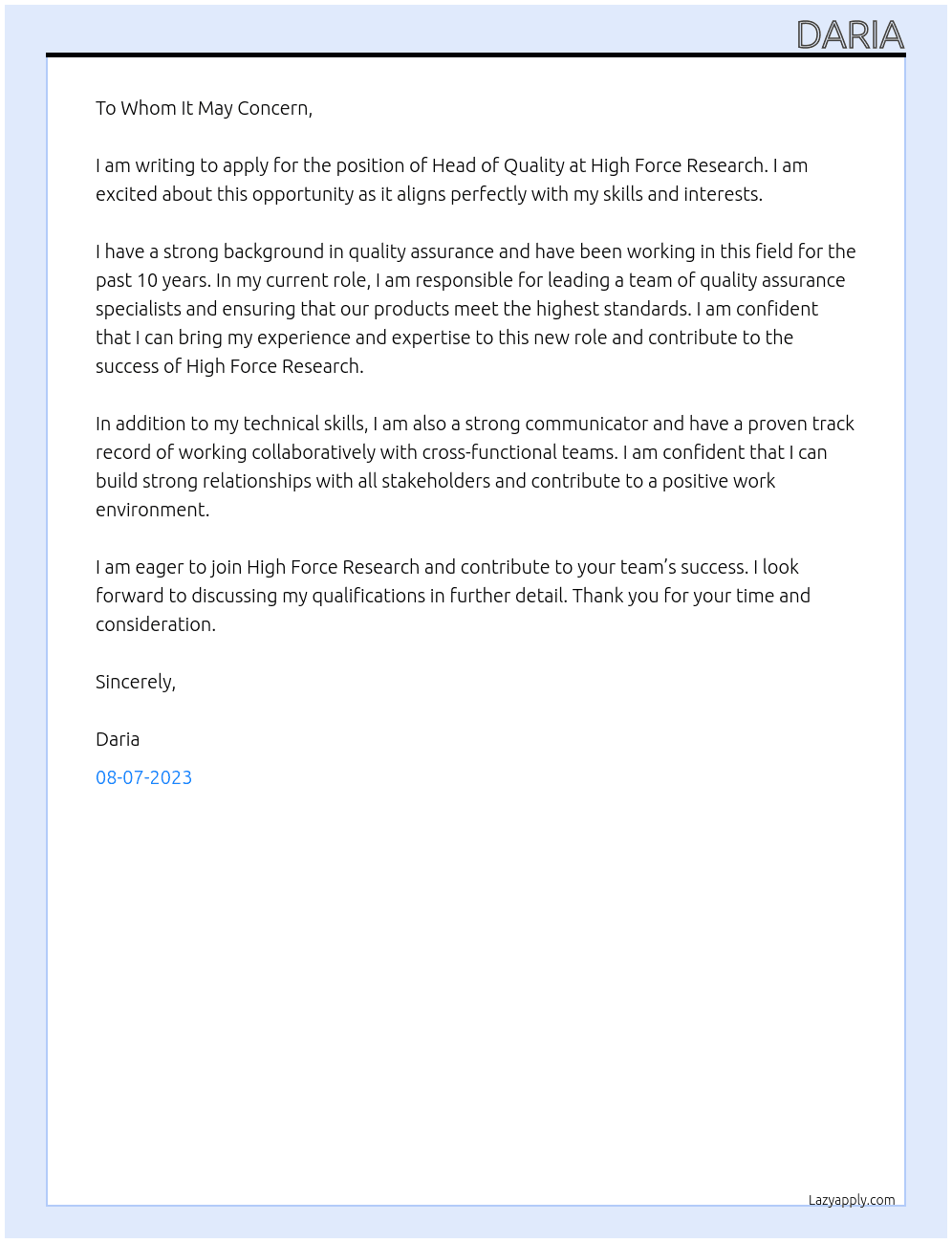 Head of quality At High Force Research Cover Letter
