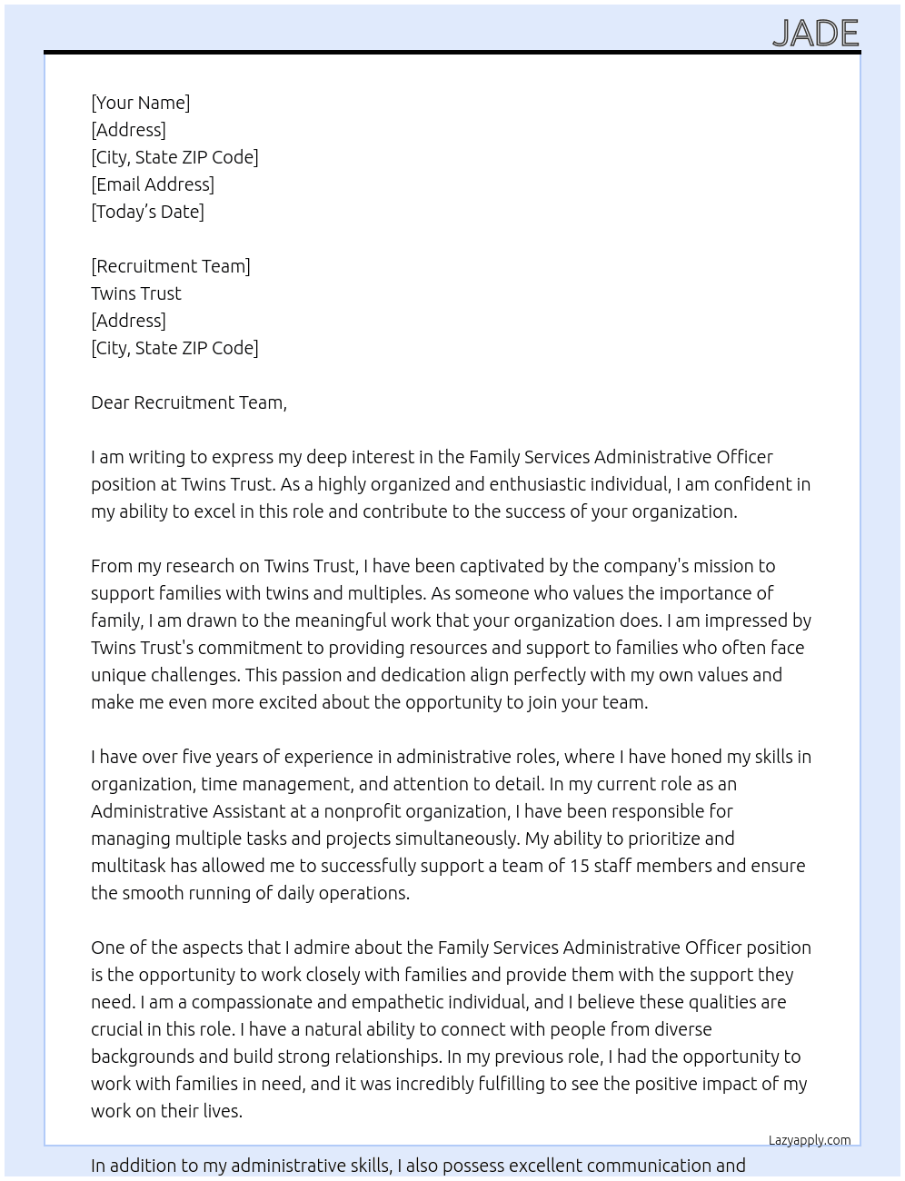 Family Services Administrative Officer At Twins trust Cover Letter