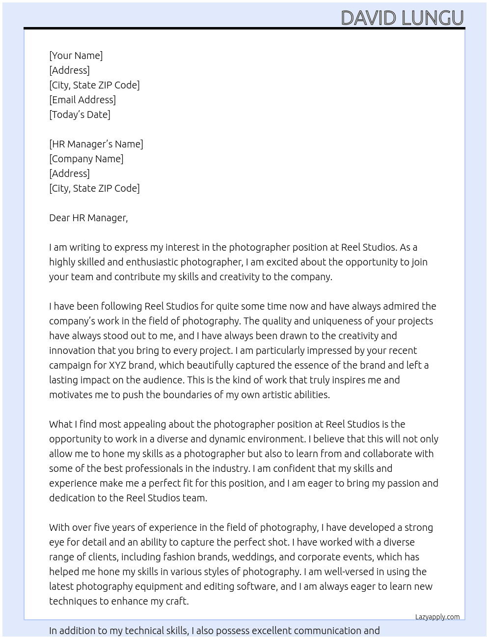photographer At Reel Studios Cover Letter
