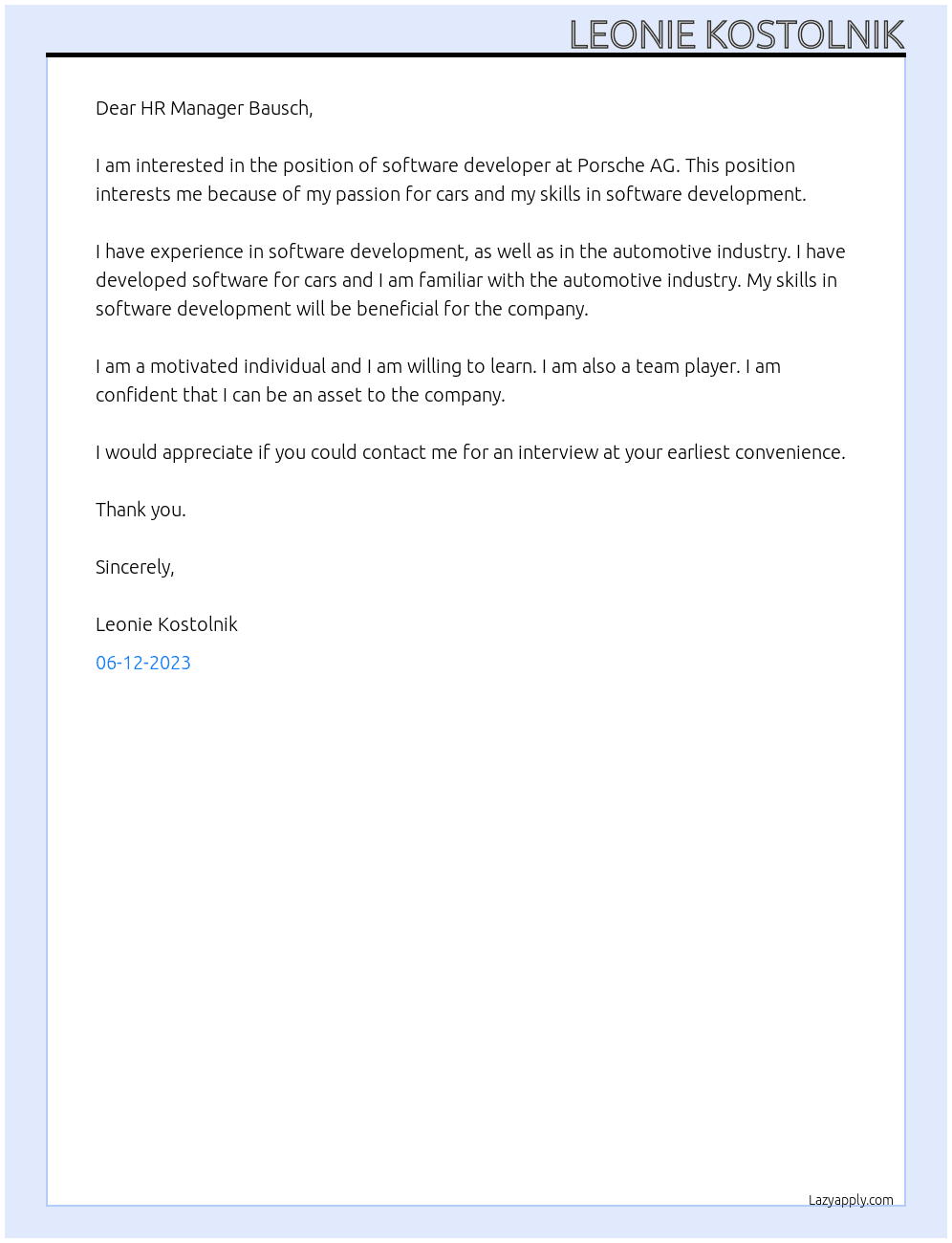 Software Developer At Porsche AG Cover Letter