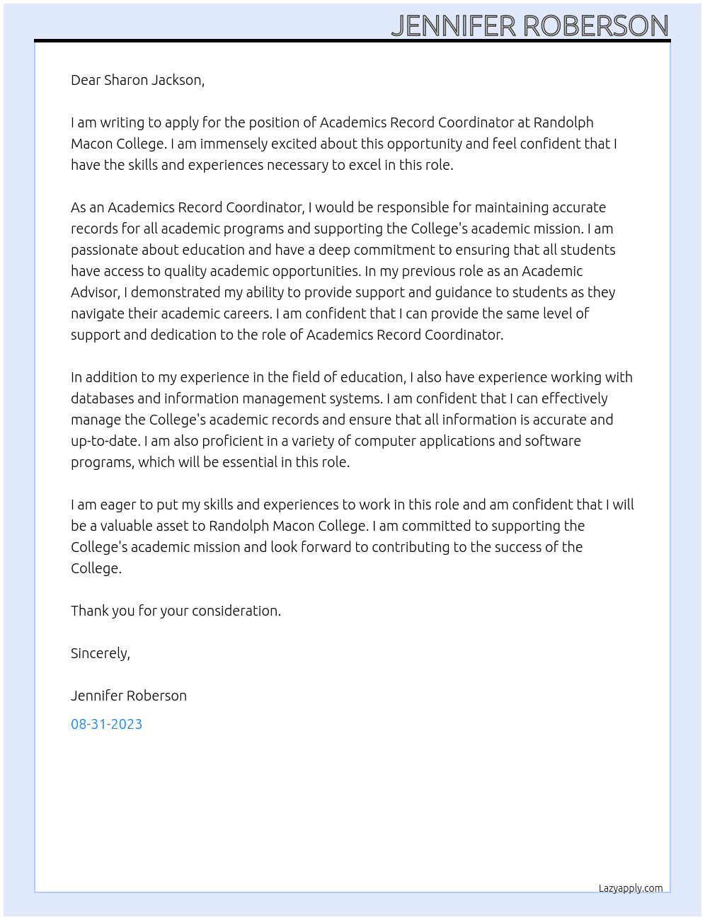 Academics Record Coordinator At Randolph Macon College Cover Letter