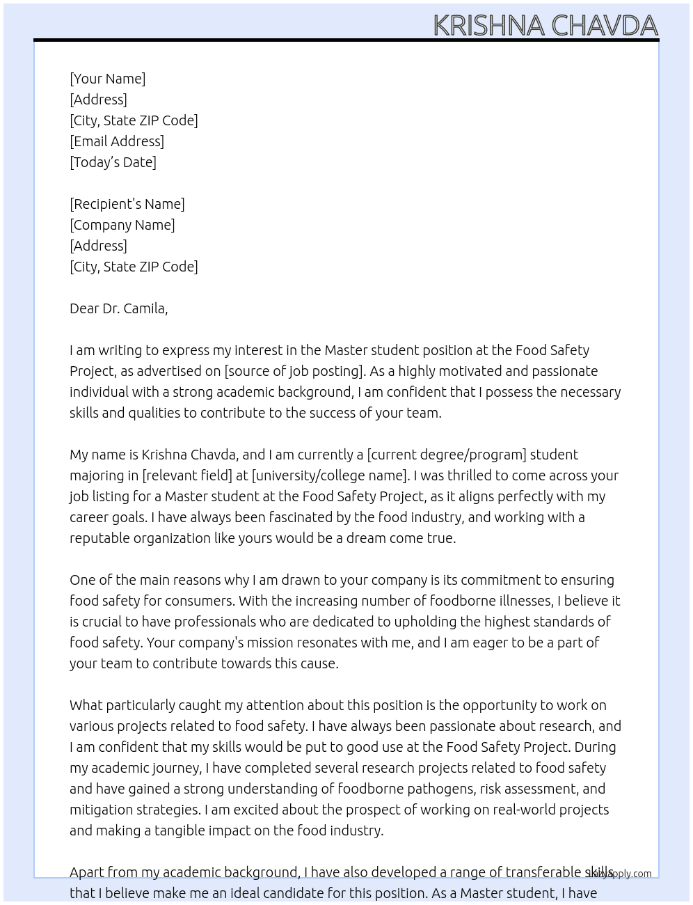 Master student At Food safety project  Cover Letter