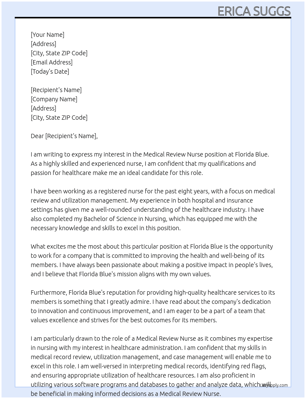 medical review nurse At Flrodia Blue Cover Letter