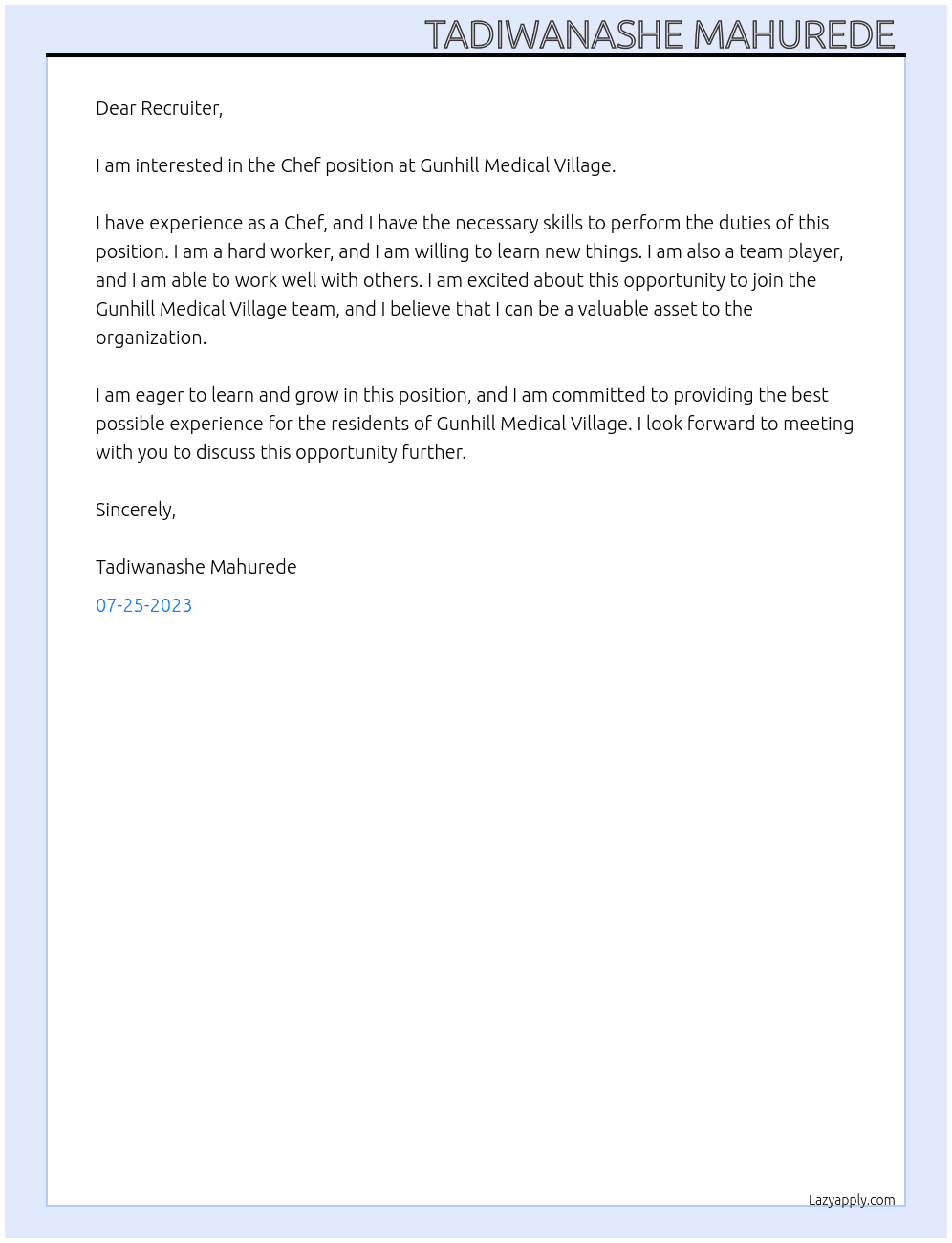 Chef At Gunhill Medical Village  Cover Letter