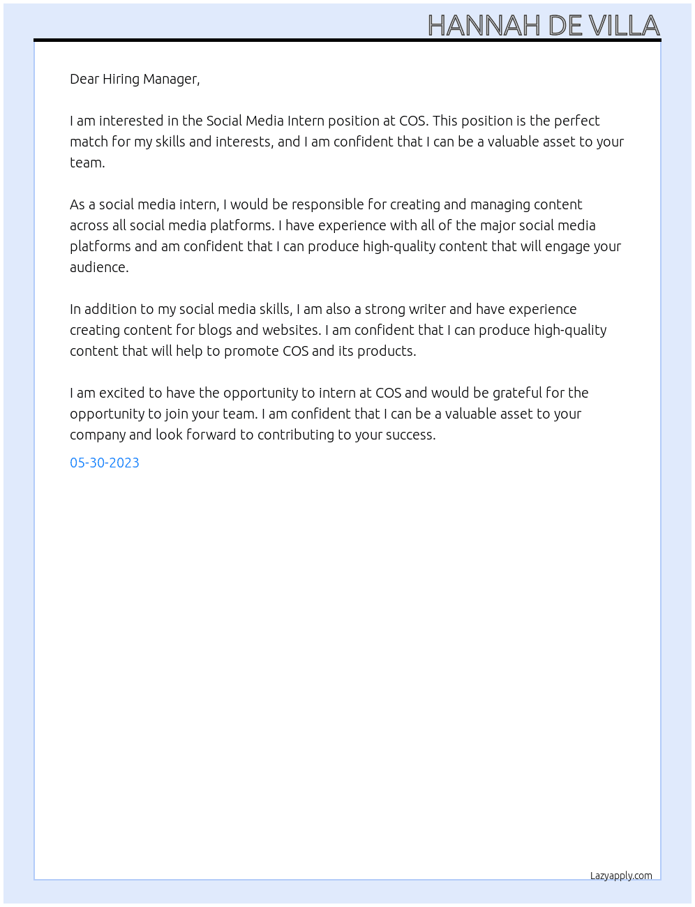Social Media Intern At COS Cover Letter