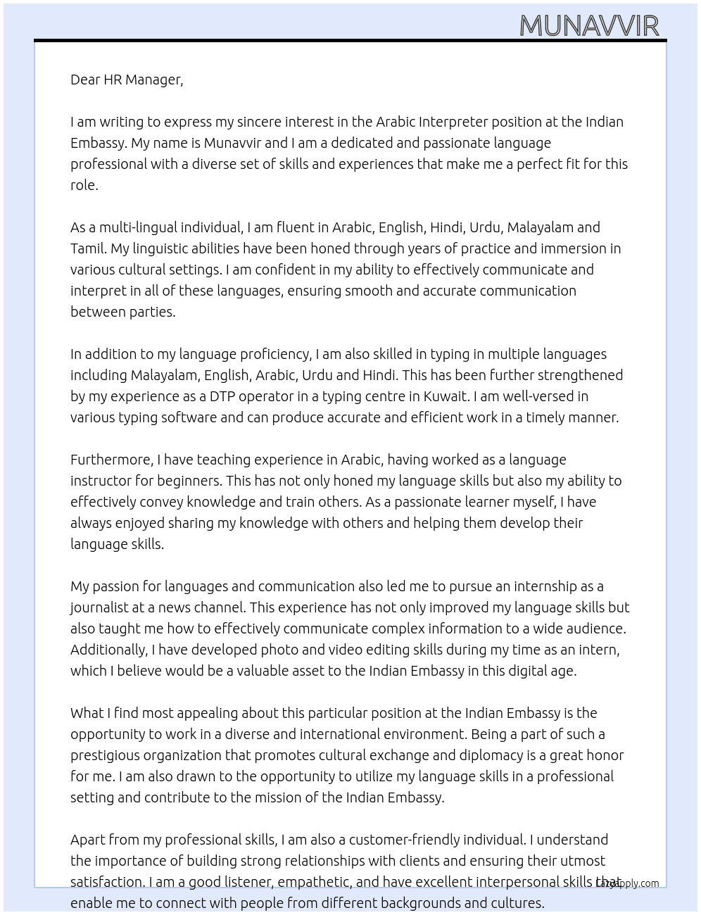Arabic intrepreter  At Indian Embassy  Cover Letter