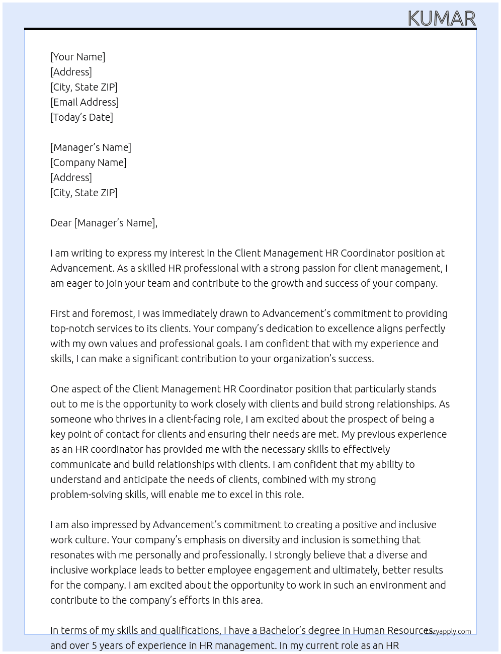 Client Management HR coordinator At Advancement  Cover Letter