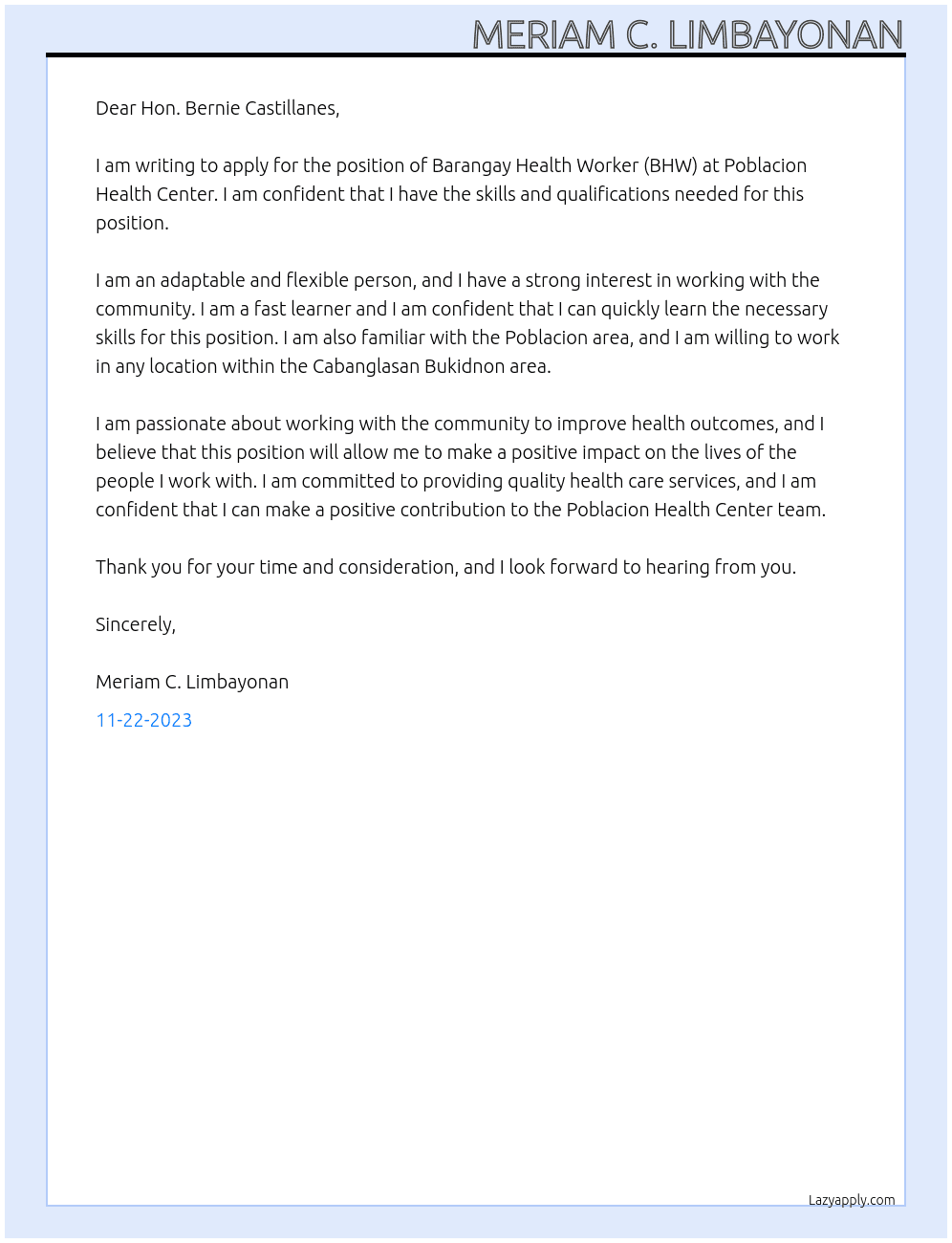Barangay Health Worker (BHW) At Poblacion Health Center Cover Letter