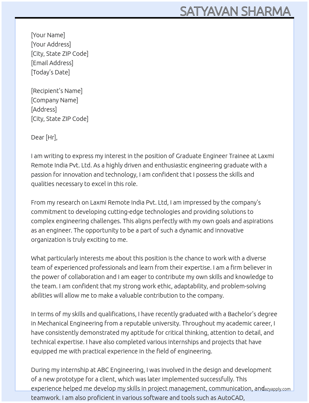 Graduate engineer trainee  At Laxmi remote india pvt. ltd Cover Letter