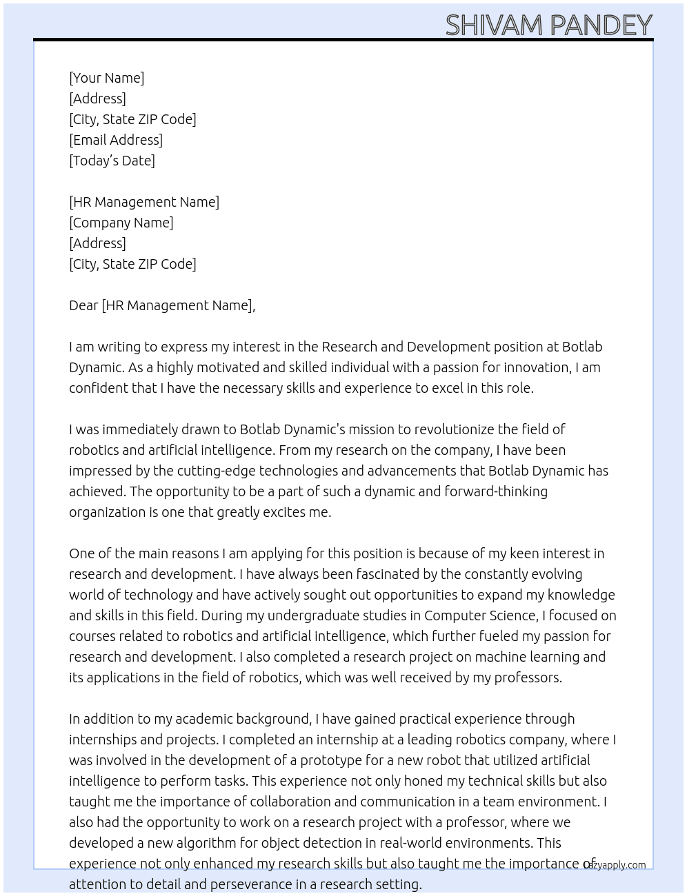 Research and development At botlab dynamic Cover Letter