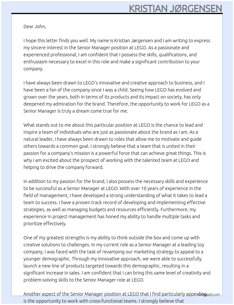 Senior Manager At LEGO Cover Letter