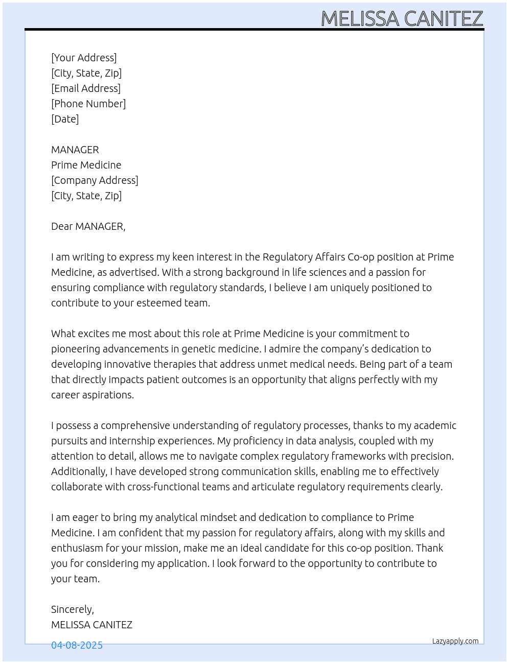 REGULATORY AFFAIRS CO-OP  At PRIME MEDICINE  Cover Letter
