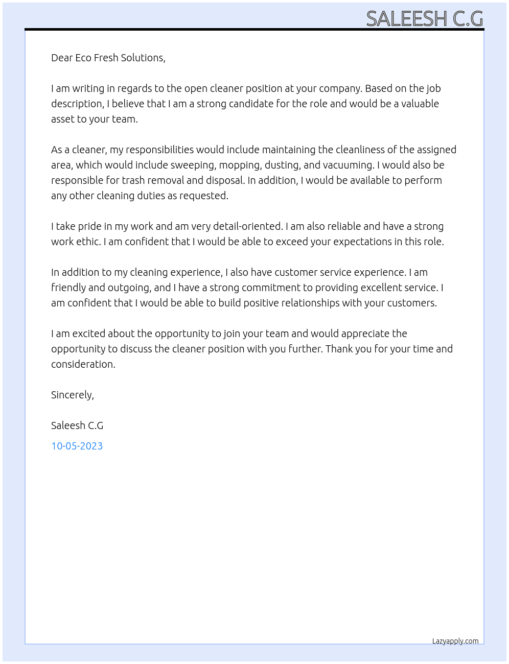 Cleaner At Eco Fresh Solutions Cover Letter