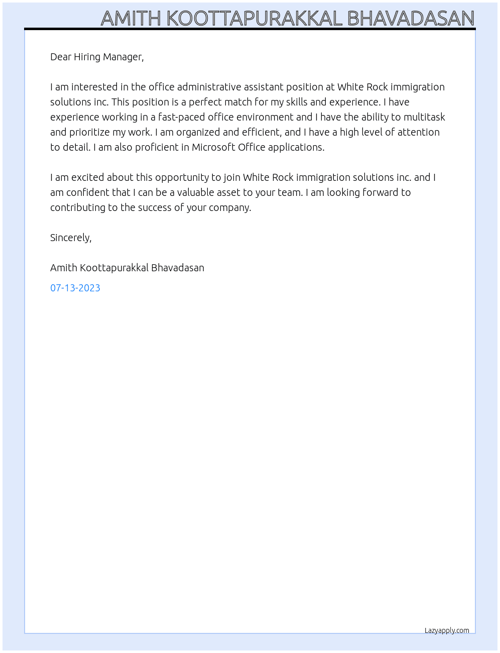Office administrative assistant At White Rock immigration solutions inc Cover Letter