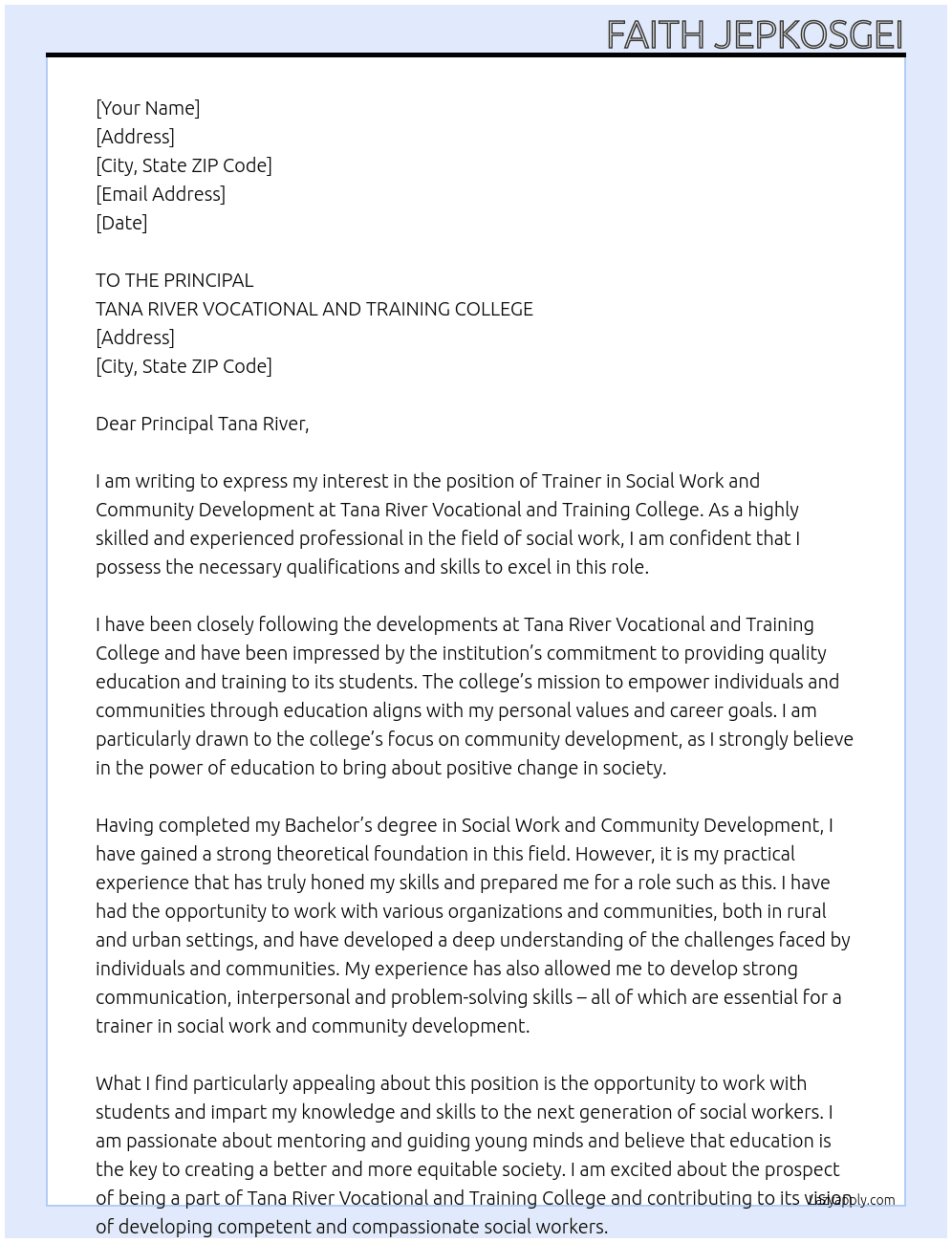 TRAINER IN SOCIAL WORK AND COMMUNITY DEVELOPMENT At TANA RIVER VOCATIONAL AND TRAINING COLLEGE Cover Letter