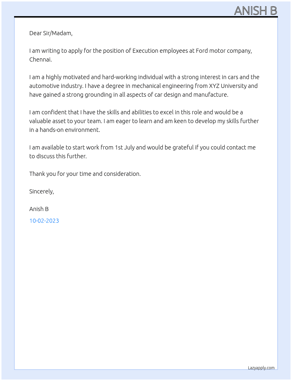 Execution employees  At Ford motor company , Chennai  Cover Letter