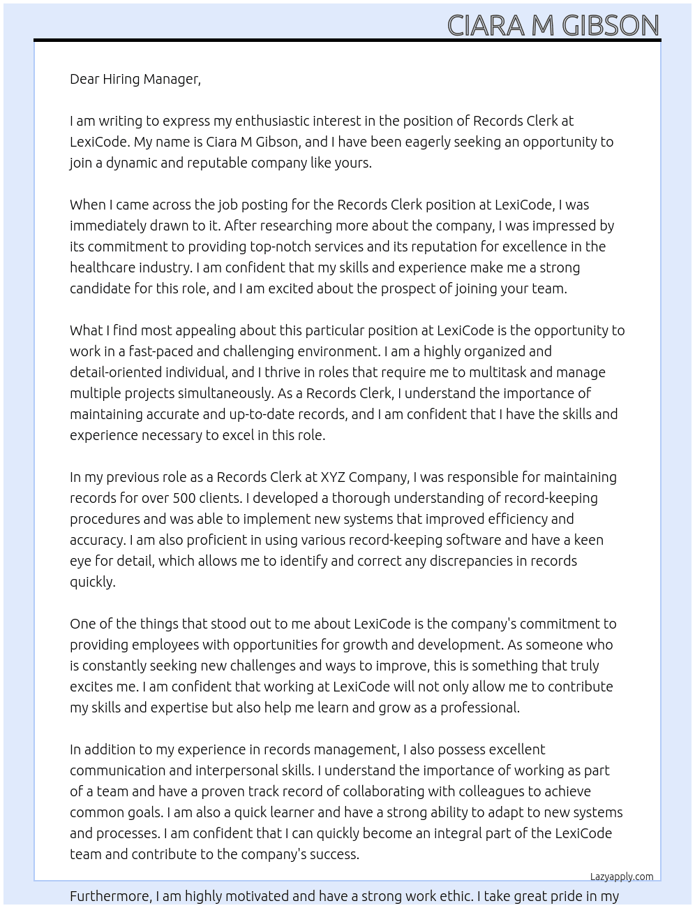 records clerk At LexiCode Cover Letter