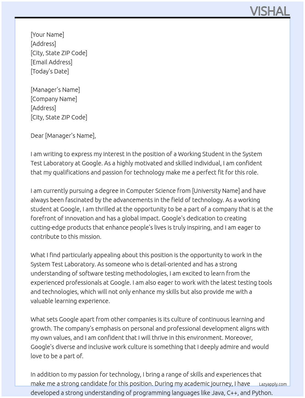 Working student (f/m/d) in the system test laboratory At GOOGLR Cover Letter