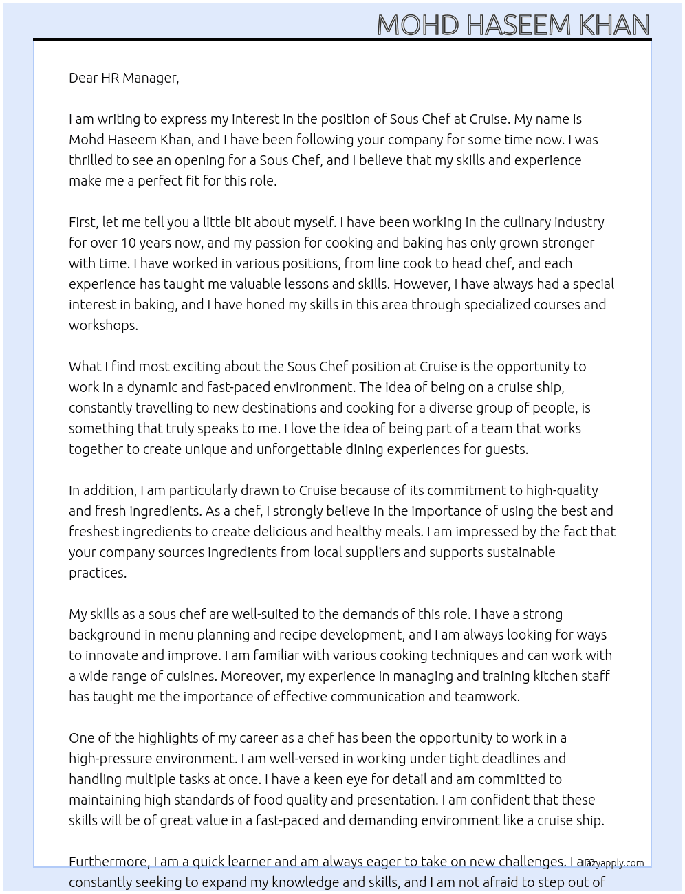 Sous chef At Cruise Cover Letter
