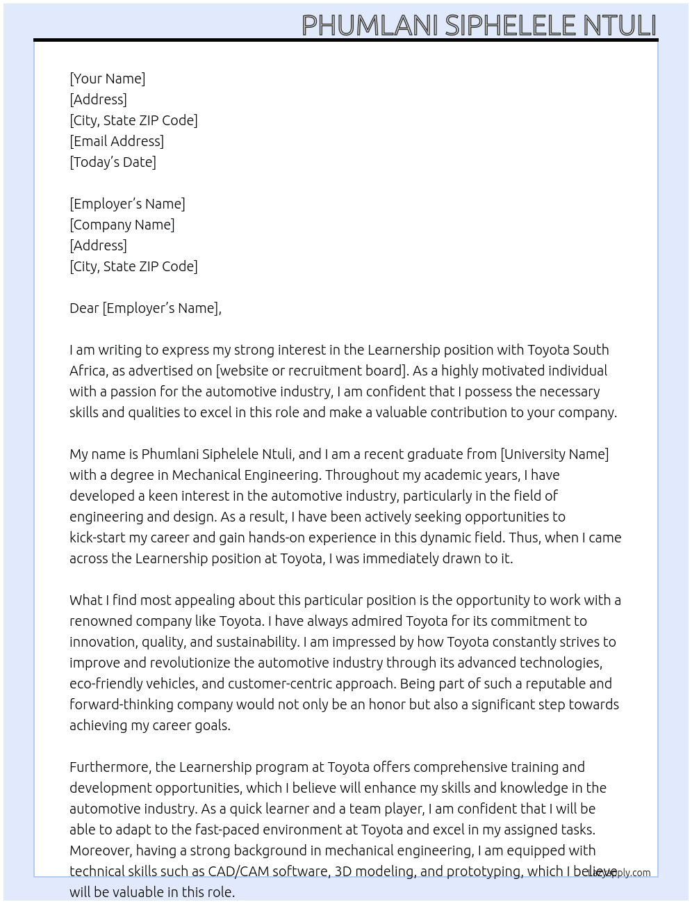 Learneship At Toyota Cover Letter
