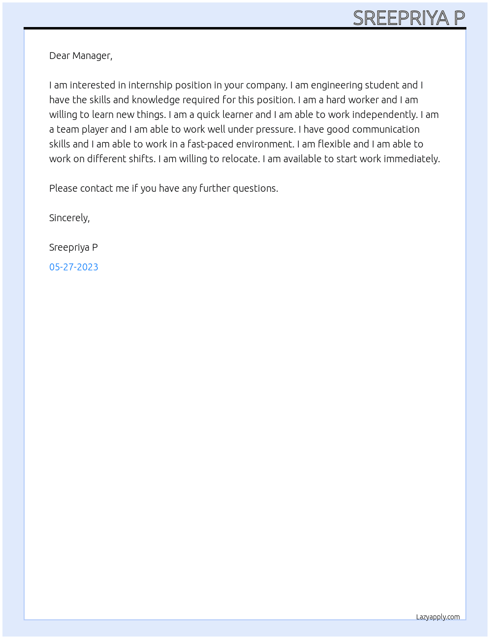 ENGINEERING STUDENT At internship Cover Letter