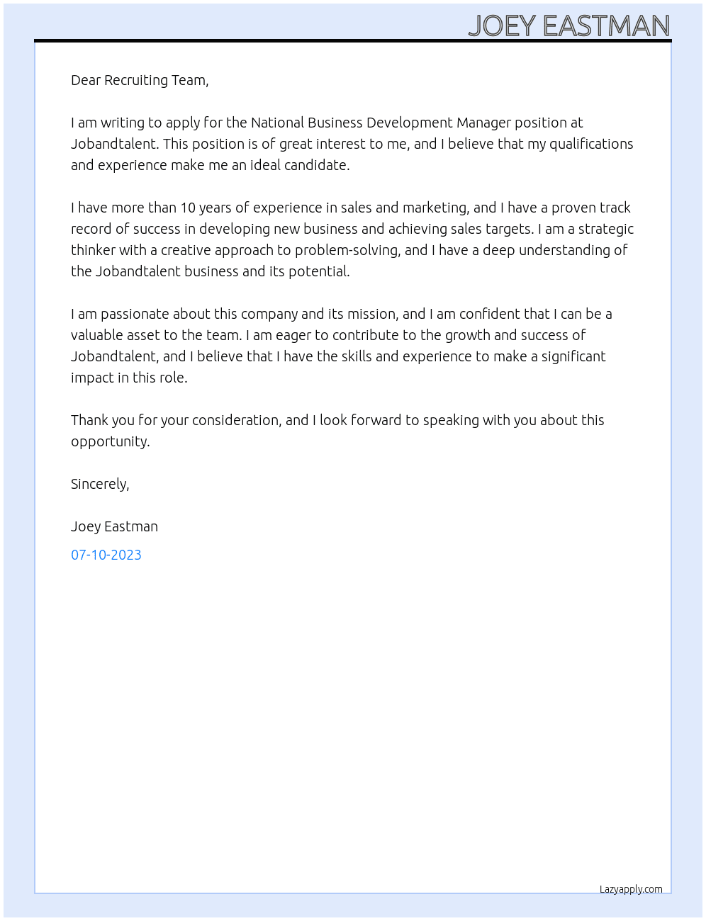 National Business Development Manager At Jobandtalent Cover Letter