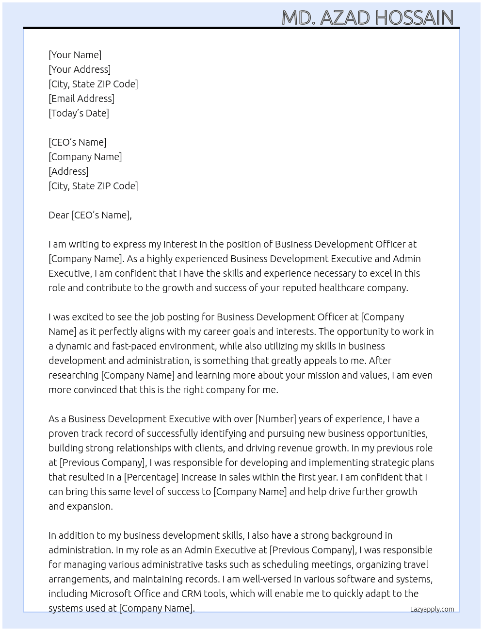 Business development Officer  At Reputed health care Cover Letter