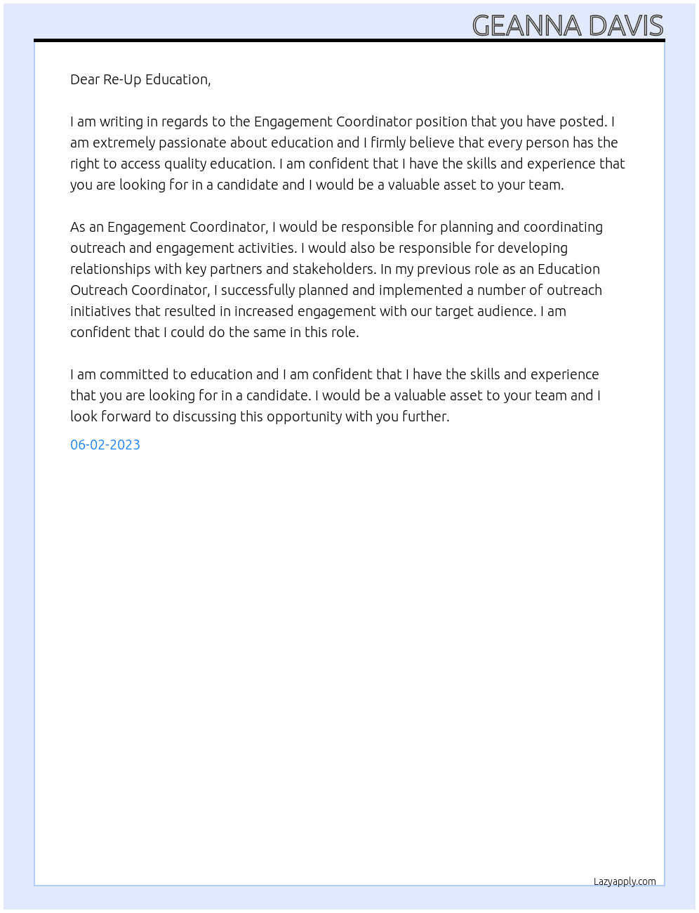 Engagement Coordinator At Re-Up Education Cover Letter