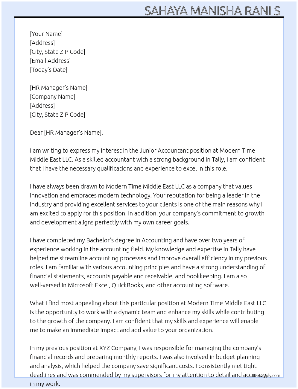 Junior accountant  At Modern time middle East LLC Cover Letter