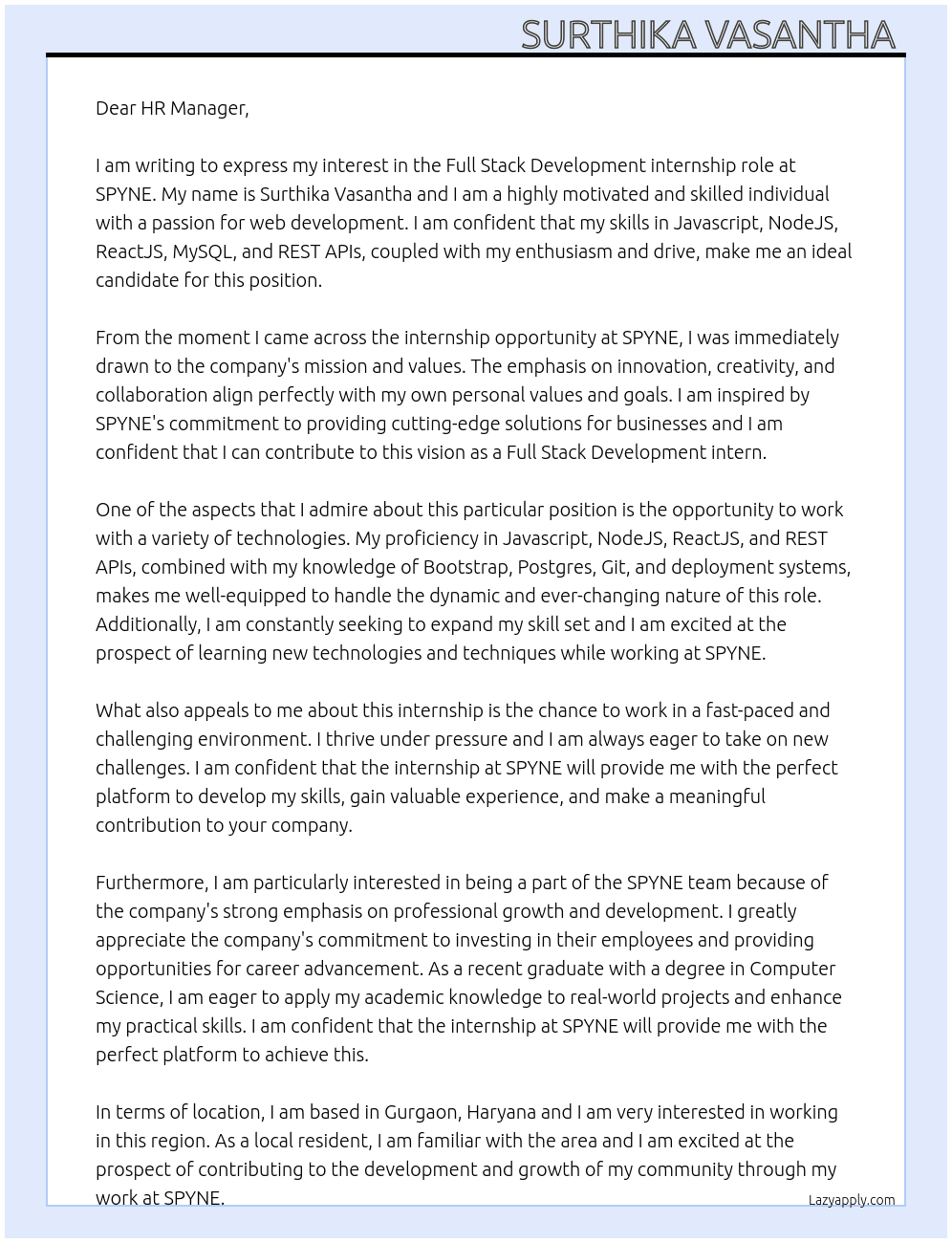 Full Stack Development internship At SPYNE  Cover Letter