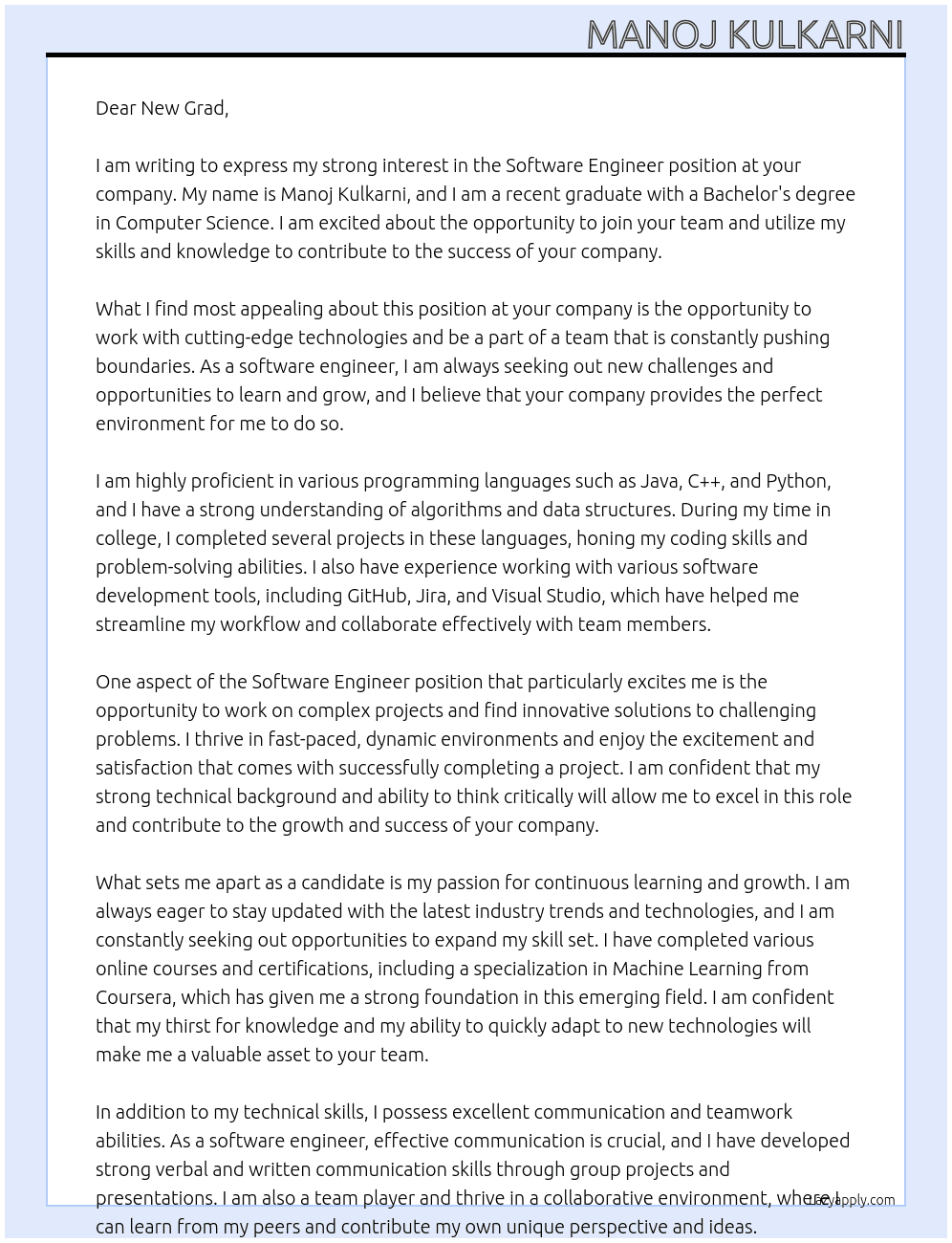Software engineer  At New grad  Cover Letter