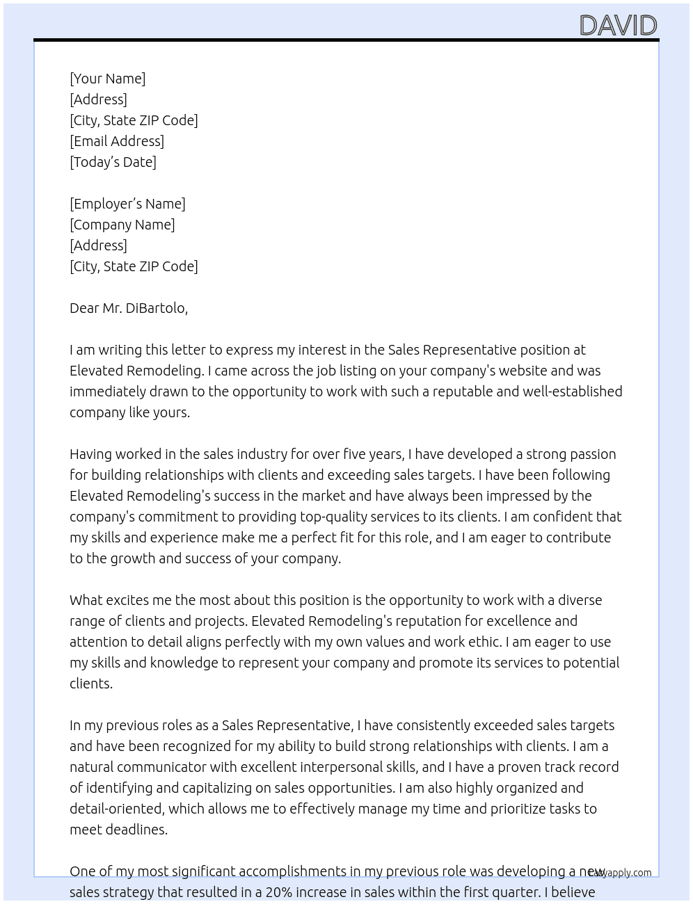 Sales Represntative At Elevated Remodeling Cover Letter