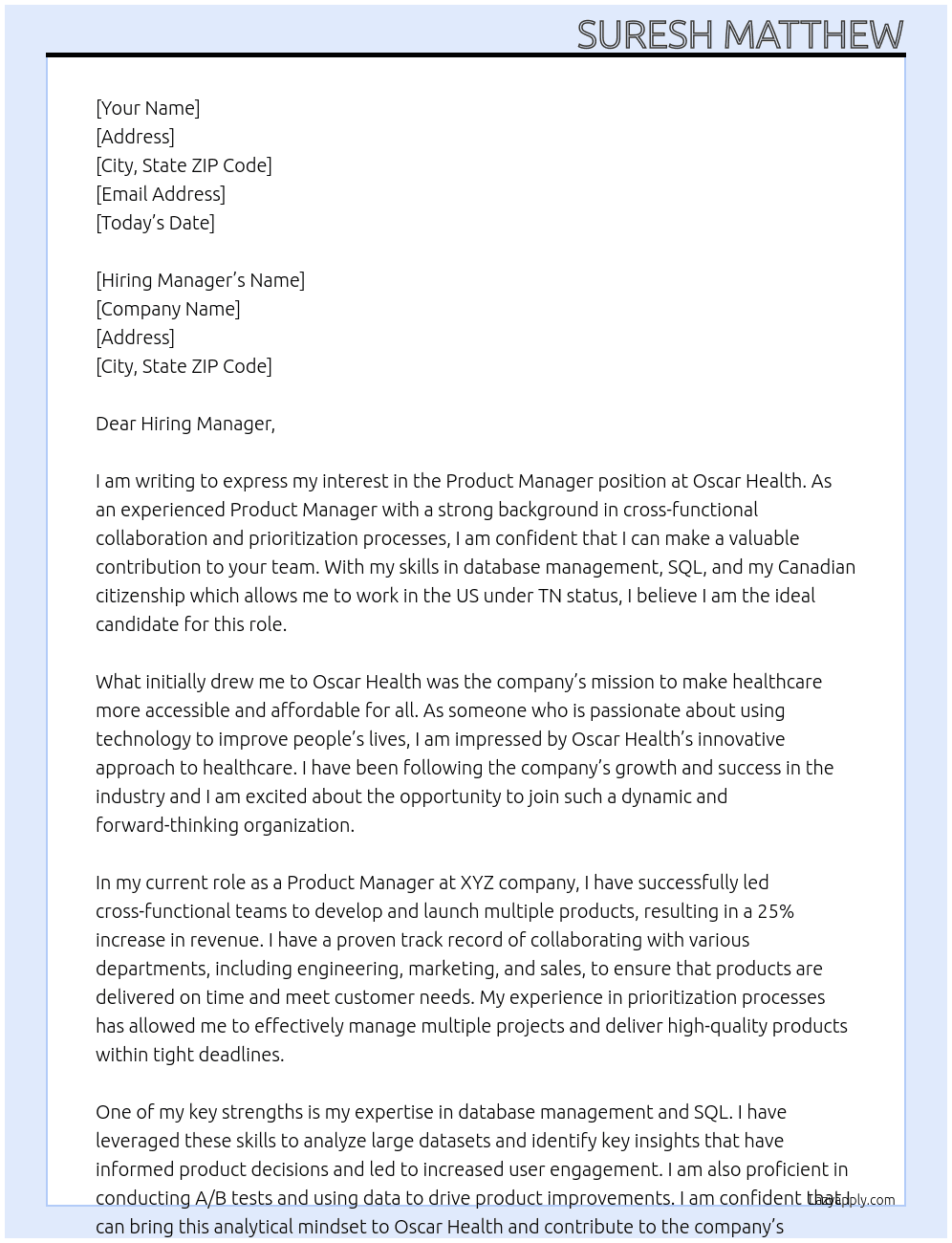 Product Manager At Oscar Health Cover Letter