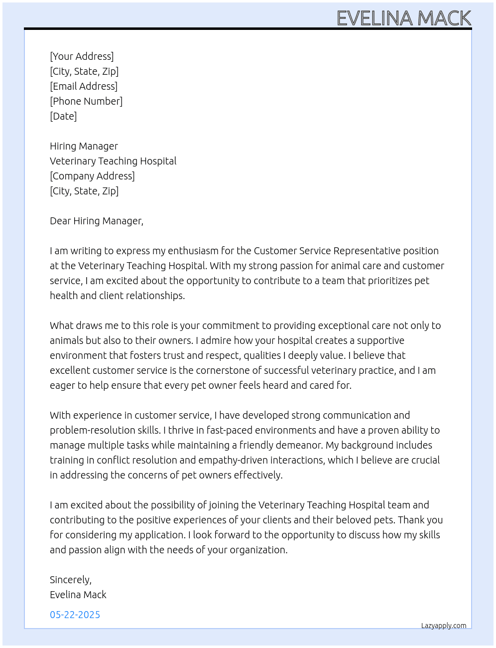Customer Service Representative At Veterinary Teaching Hospital Cover Letter