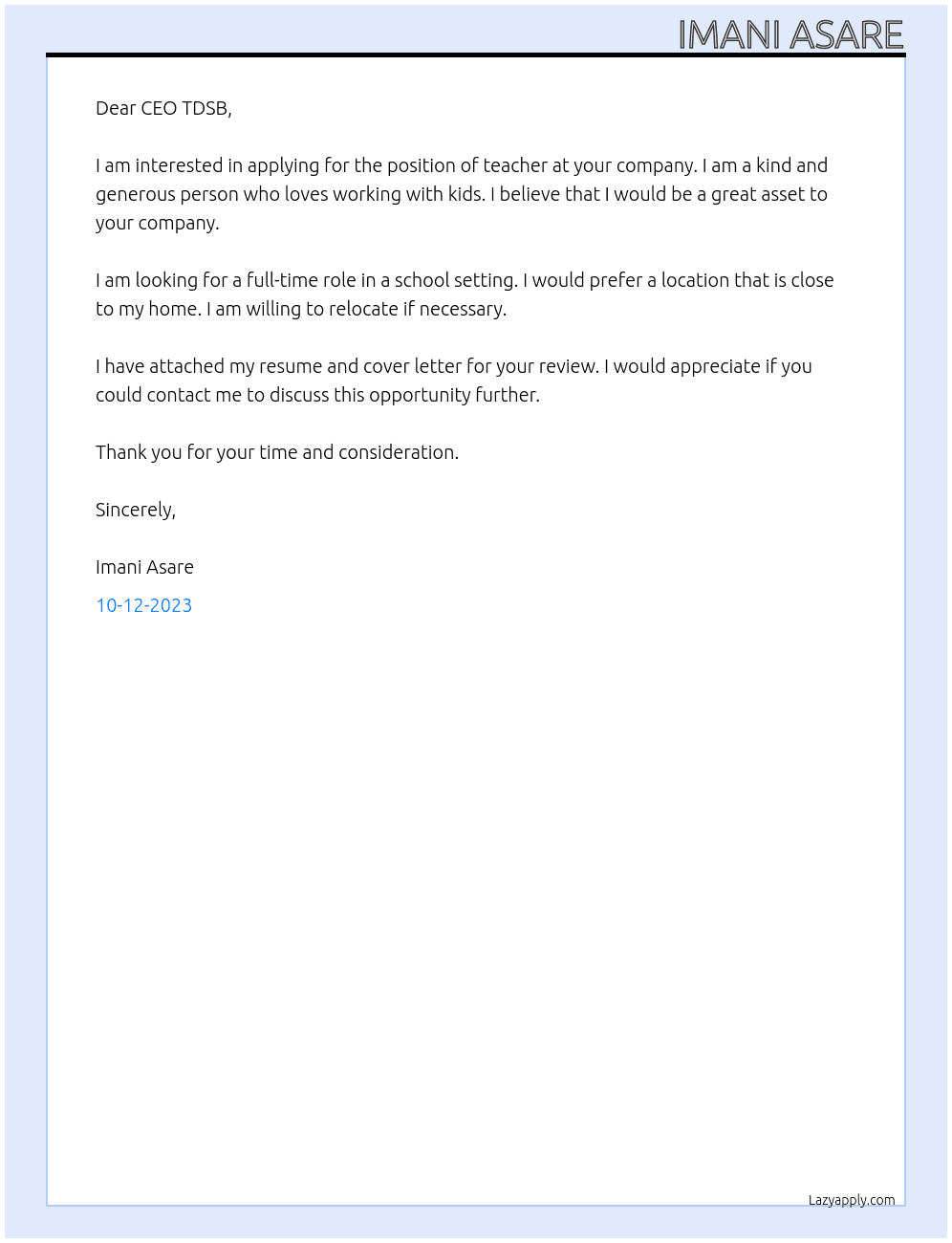 teacher At tdsb Cover Letter