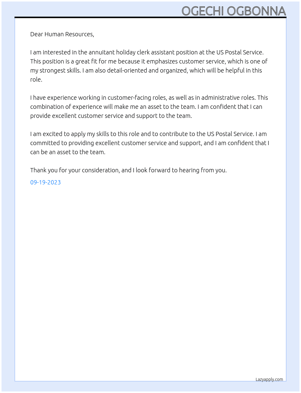 annuitant holiday clerk assistant At US Postal Service Cover Letter