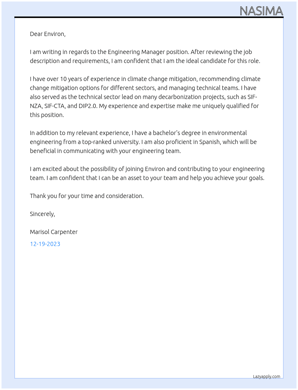 Engineering Manager At Environ Cover Letter