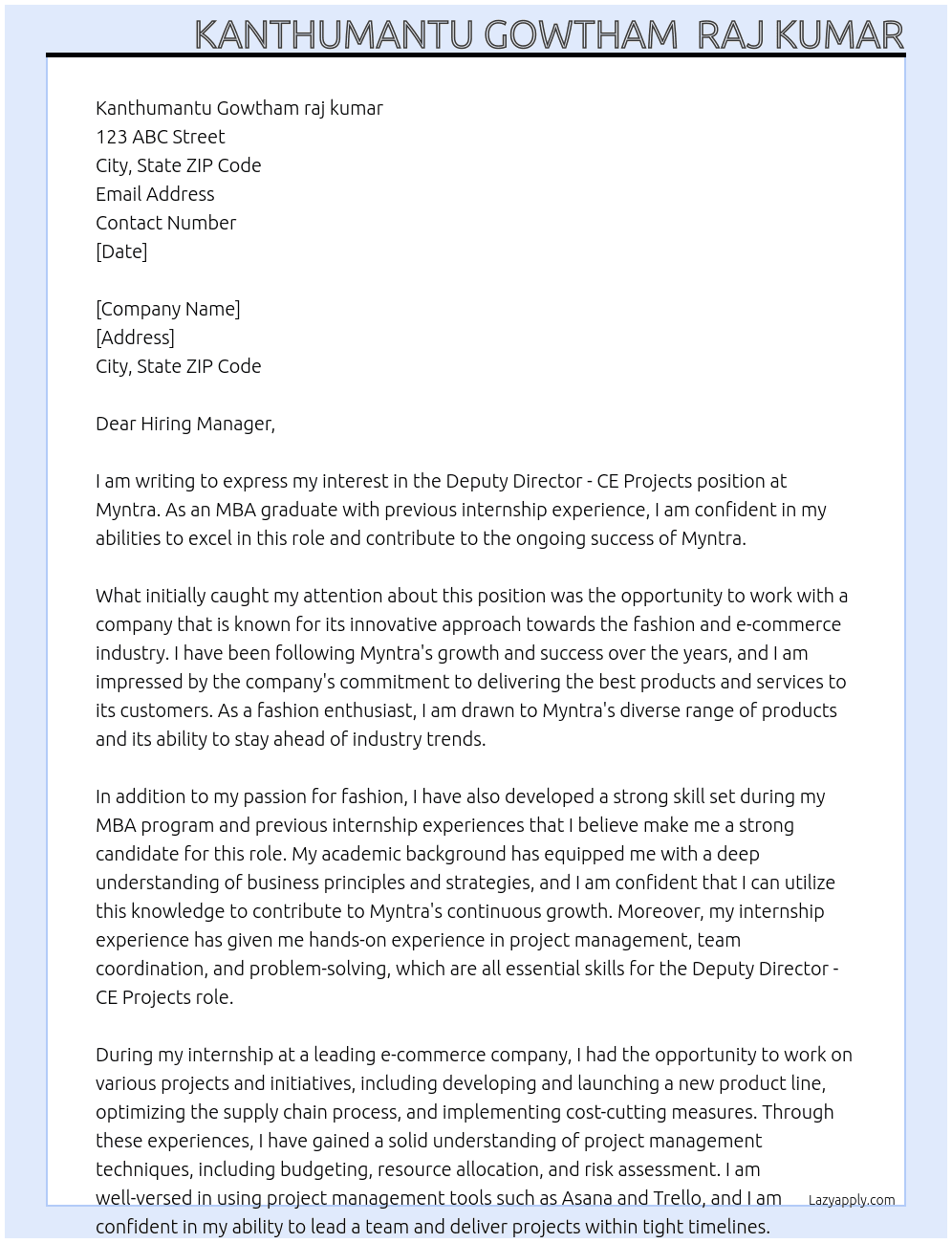 Deputy Director - CE Projects At myntra Cover Letter