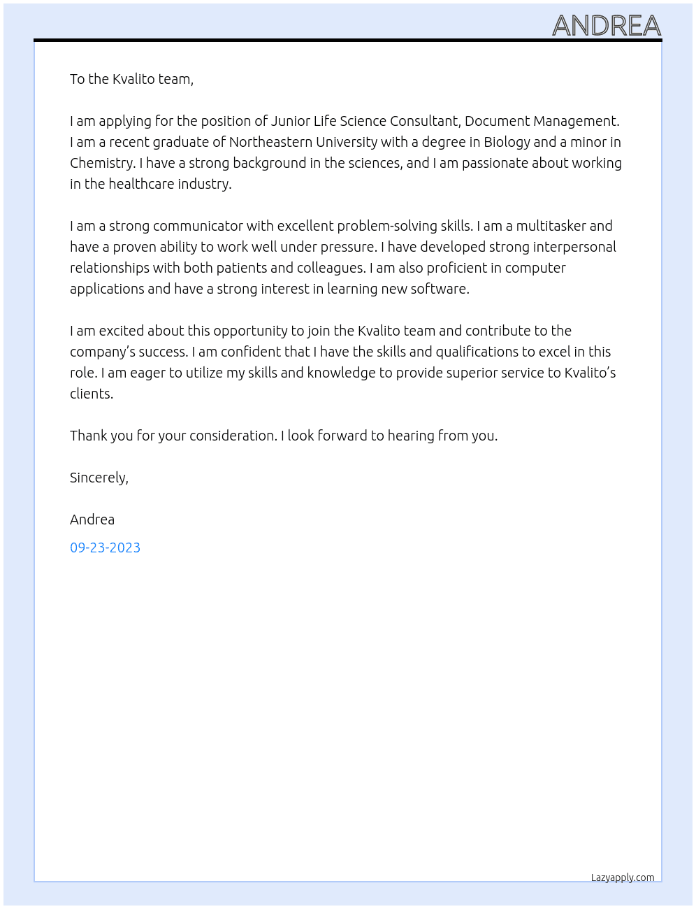 Junior Life Science Consultant, Document Management  At Kvalito Cover Letter