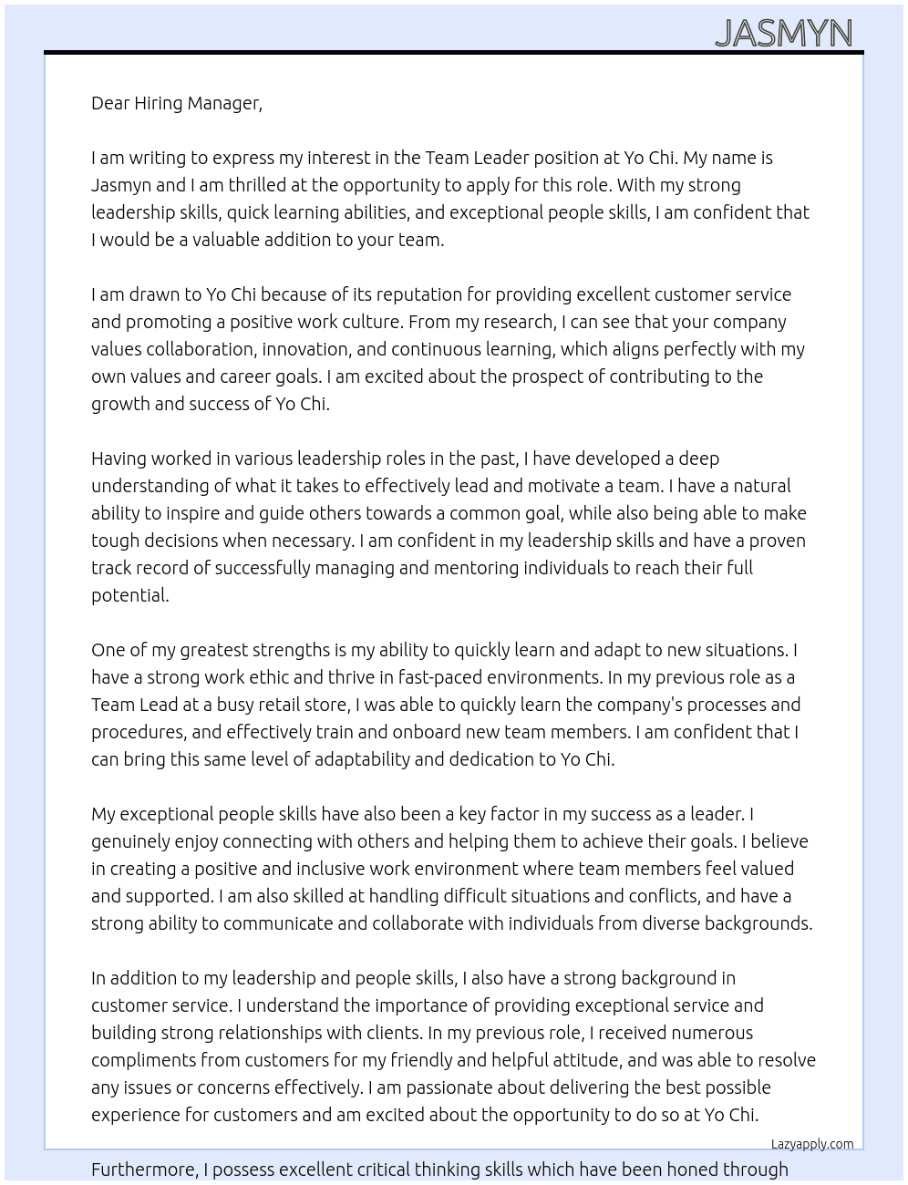Team Leader  At Yo Chi  Cover Letter
