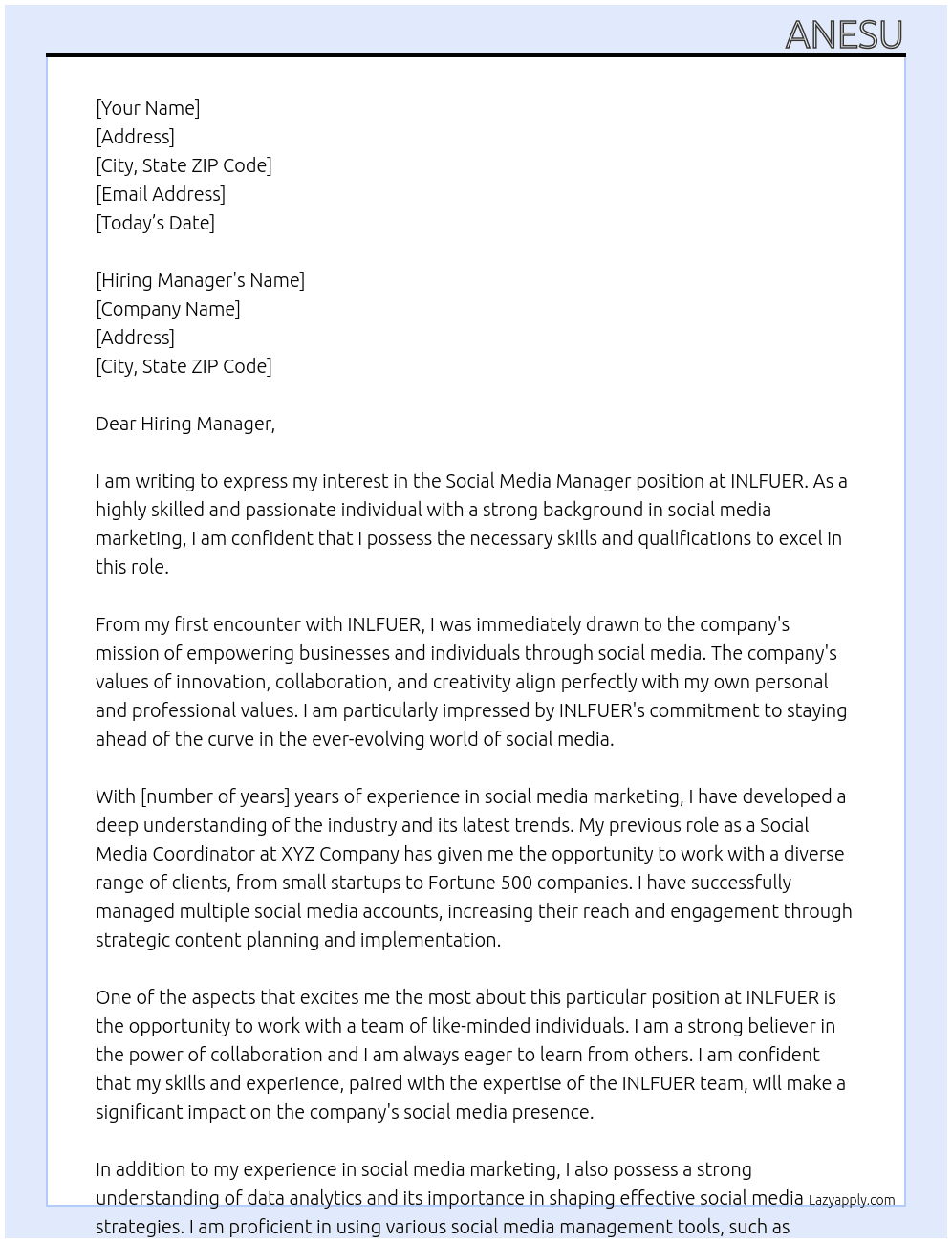 Social Media Manger At INLFUER Cover Letter