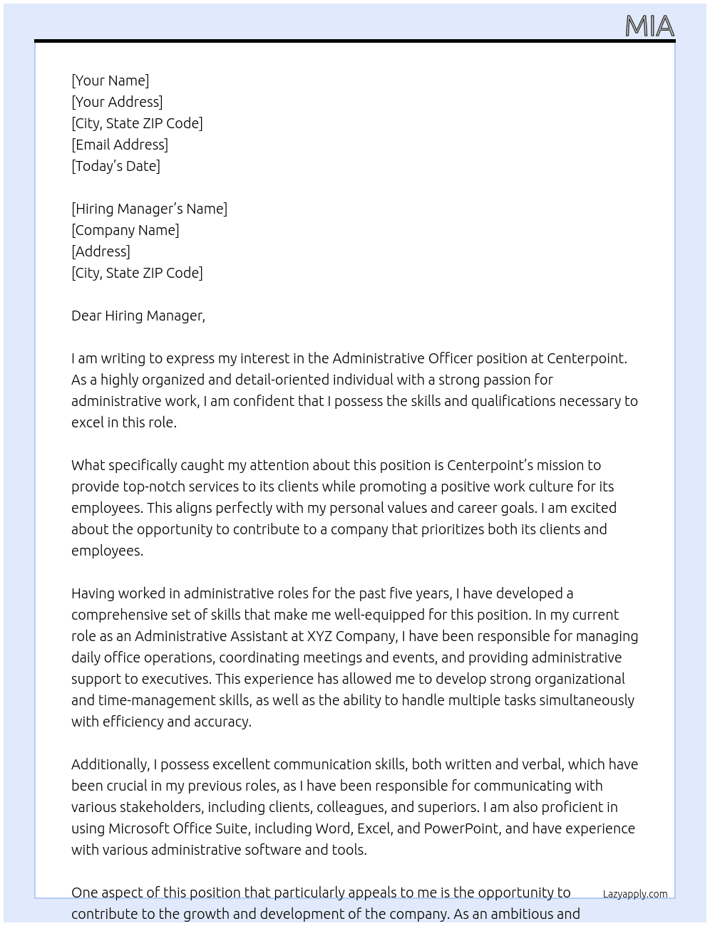 Administrative officer  At Centerpoint  Cover Letter